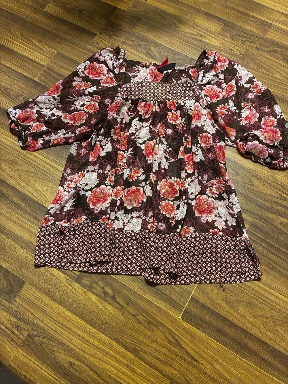 Pure Energy Floral Mixed Print Smocked Neckline Blouse